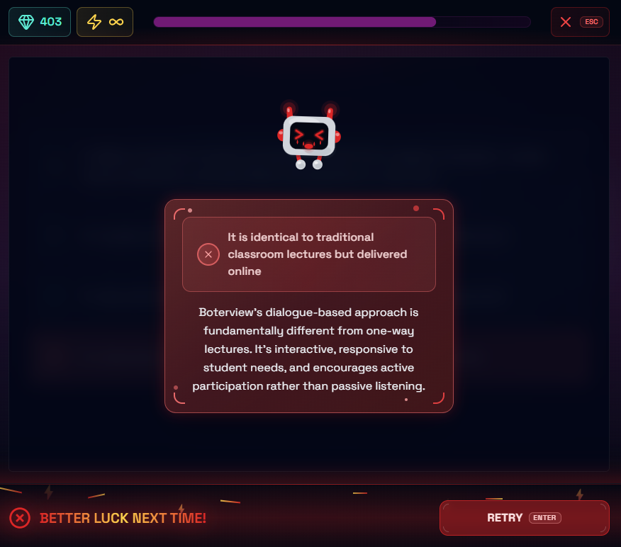 boterview's feedback system for MCQs