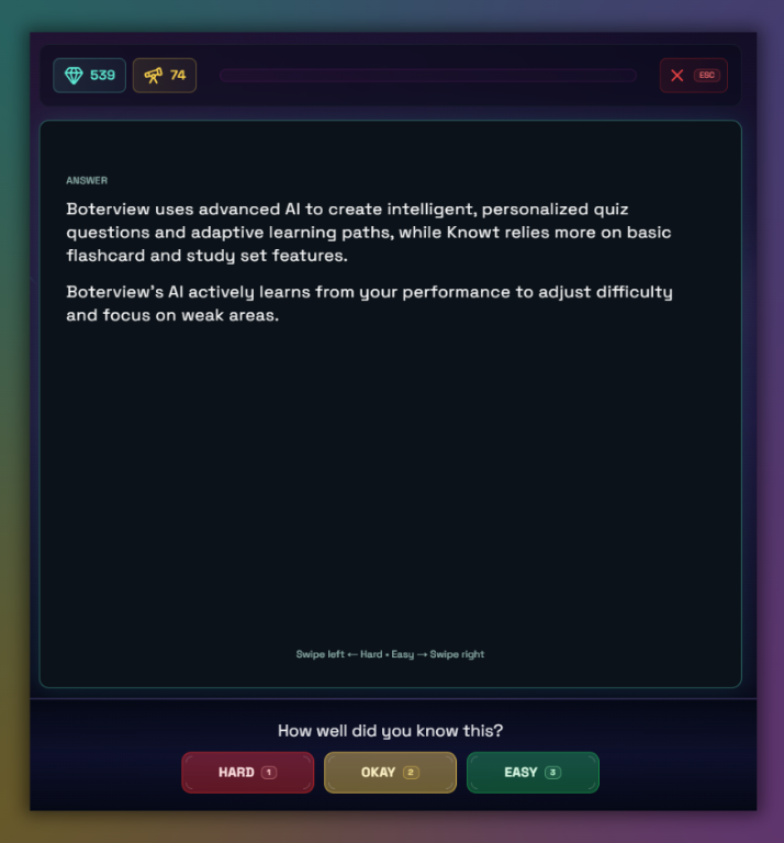 Boterview flashcards has a better UI than Knowt
