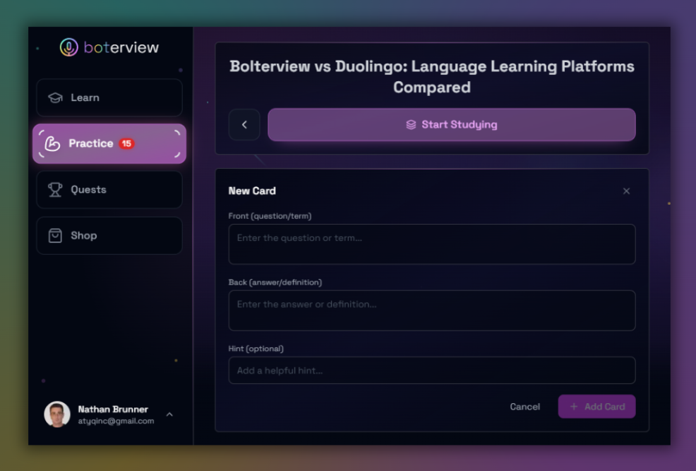 Creating a flashcard for a deck