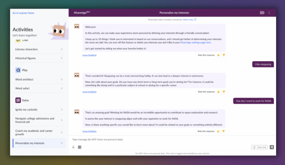 Screenshot of the khanmigo UI, very different from ChatGPT
