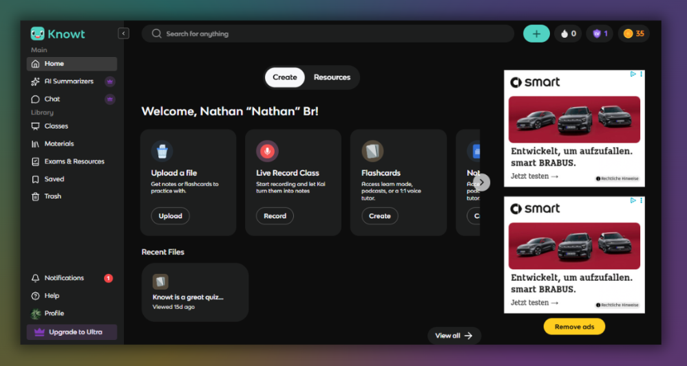 Example of ads on Knowt