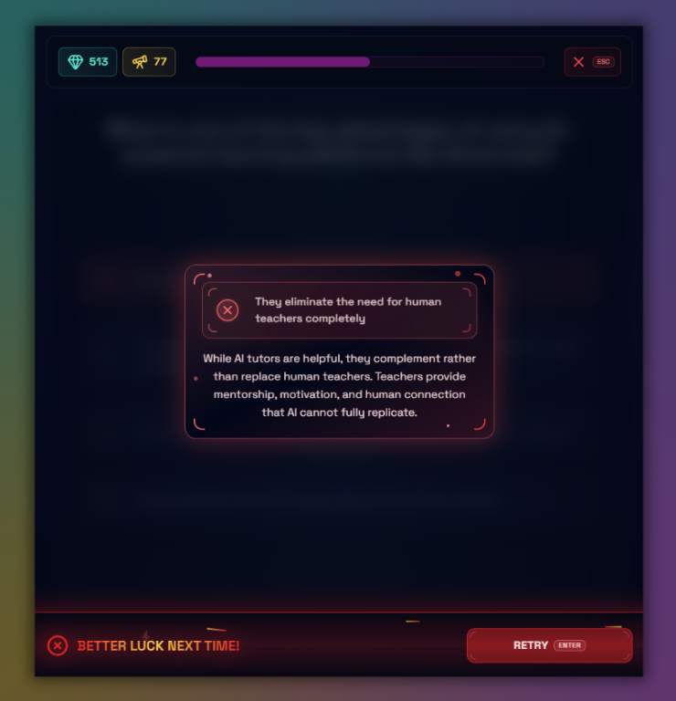 boterview's feedback system for MCQs